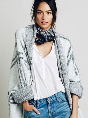Free People Windowpane Cardigan Sweater Coat Jacket Wool Blend